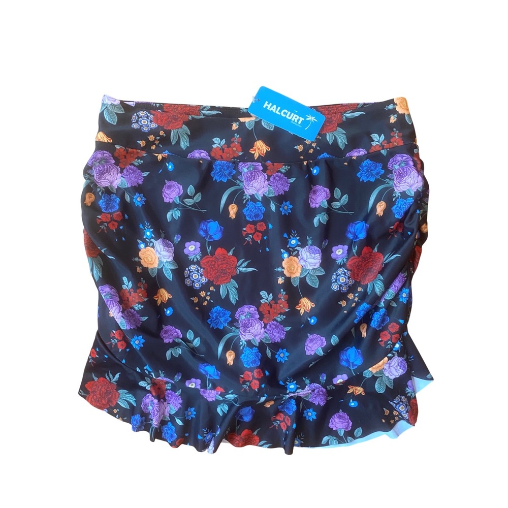 Halcurt Floral Swim Skirt XL Black Ruched Ruffle Swimsuit Bottom With Shorts NWT